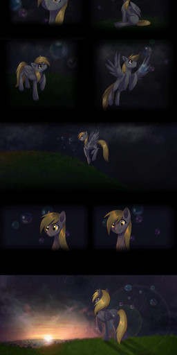 blonde_hair bubble cutie_mark derp_eyes feathered_wings feathers female feral grass grey_body grey_feathers hair outside plant quadruped raining sad solo sun sunset tail wings yellow_eyes rizcifra friendship_is_magic hasbro my_little_pony mythology derpy_hooves_(mlp) equid equine mammal mythological_creature mythological_equine pegasus animated animated_comic comic hi_res