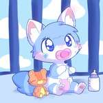 anthro baby baby_bottle blue_body blue_eyes blue_fur blush bodily_fluids bottle cheek_tuft container daww diaper domestic_cat facial_tuft felid feline felis female fluffy fluffy_tail fur hair hi_res mammal milk milk_bottle pacifier pawpads paws plushie rzstar sky_(rzstar) solo tail tears teddy_bear tuft young