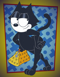 abstract_background anthro black_body black_fur casual_nudity fur hand_on_hip handbag hip_sway looking_back male smug solo toony walking white_mouth gavanzude felix_the_cat_(series) felix_the_cat domestic_cat felid feline felis mammal alternate_version_at_paywall digital_drawing_(artwork) digital_media_(artwork) hi_res signature