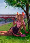 anthro biker blue_eyes bottomwear clothed clothing detailed_background female grass hair leaf outside plant shorts smile solo spandex spandex_shorts tight_bottomwear tight_clothing tight_shorts topwear tree vehicle water neutral_nt mammal murid murine rat rodent digital_media_(artwork) hi_res