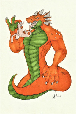 anthro arm_spikes claws duo ear_frill extreme_size_difference finger_claws frill_(anatomy) green_body green_scales grey_claws grey_eyes head_spikes holding_another imminent_oral_vore imminent_vore male male_anthro muscular muscular_anthro muscular_male nude open_mouth orange_body scales shoulder_spikes simple_background size_difference spikes spikes_(anatomy) tongue tongue_out hufnaar mythology dragon kangaroo macropod mammal marsupial mythological_creature mythological_scalie scalie 2019 2:3 absurd_res dated hi_res