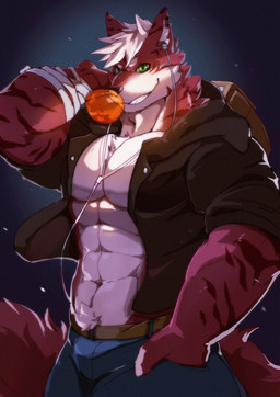 abs anthro backpack bandage belt biceps big_muscles black_nose blue_background bottomwear chest_tuft clothed clothing ear_piercing electronics fangs fur green_eyes hair headphones kemono male muscular muscular_anthro muscular_male open_clothing open_shirt open_topwear pants pecs piercing red_body red_fur shirt simple_background smile solo standing stripes teeth topwear tuft white_body white_fur white_hair littleblackalas canid canine canis mammal wolf 2017 hi_res
