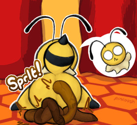 antennae_(anatomy) anthro anus arthropod_abdomen butt butt_focus curtains embarrassed feces feces_pile female female_pooping genitals neck_tuft pooping pooping_on_floor presenting presenting_hindquarters raised_tail rear_view scatplay solo sound_effects spread_legs spreading stinger tail text tuft vowelless vowelless_sound_effect vulva wide_eyed pincoosh bug_fables moonsprout_games vi_(bug_fables) arthropod bee hymenopteran insect artist_name digital_media_(artwork)