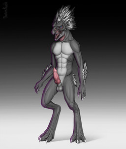 3_fingers 3_toes abs animal_genitalia animal_penis anthro arm_feathers arm_tuft balls beak blue_eyes digitigrade erection feather_hair feathered_crest feathers feet fingers genitals gradient_background grey_body grey_scales head_crest knot knotted_penis male muscular muscular_anthro muscular_male non-mammal_balls non-mammal_sheath open_mouth penis pseudo_hair pupils scales scuted_feet scuted_hands scutes sheath simple_background slit_pupils solo standing tail tail_feathers toes tongue tuft white_body white_feathers barakkuda halo_(series) microsoft xbox_game_studios alien avian kig-yar scalie t'vaoan colored hi_res