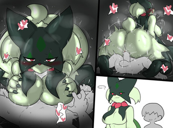 anthro balls biped blush bodily_fluids breast_play breasts butt duo erection featureless_breasts fellatio female genital_fluids genitals green_body heart_symbol interspecies male male/female open_mouth oral oral_penetration penetration penile penis pokephilia rear_view red_eyes sex sweat titfuck tongue vaginal vaginal_fluids vaginal_penetration vulva enigi09 nintendo pokemon anon generation_9_pokemon human mammal meowscarada pokemon_(species) hi_res