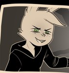 anthro buckteeth clothing eye_bags freckles green_eyes head_tuft jacket male simple_background solo style_emulation teeth topwear tuft agidyne the_coffin_of_andy_and_leyley andrew_graves stephen_(agidyne) lagomorph leporid mammal rabbit monochrome