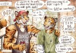 absurd_res akatan_art anthro backwards_baseball_cap backwards_hat baseball_cap clothing dialogue dudebro duo felid hand_on_shoulder hat headgear headwear hi_res leopard male mammal pantherine stated_bisexuality stated_sexuality suggestive_topwear tiger traditional_media_(artwork)