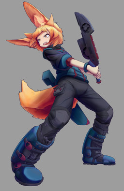 action_pose annoyed anthro blue_clothing blue_jacket blue_topwear boots bottomwear clothing dark_pants determined fingerless_gloves fluffy fluffy_tail footwear fox_ears fox_tail futuristic_gun gloves gun hair handwear holding_gun holding_object holding_ranged_weapon holding_weapon jacket large_boots looking_back male open_mouth orange_hair orange_tail pants pose ranged_weapon shoes short_hair simple_background solo standing tail tech_wear topwear weapon yellow_eyes ikino_darkino blazer(ikino_character) canid canine fennec_fox fox human mammal true_fox absurd_res full-length_portrait hi_res portrait