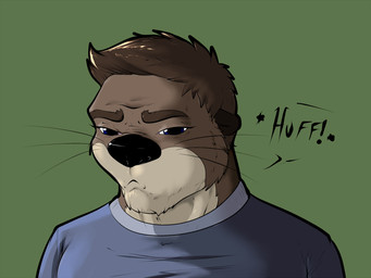 anthro blue_clothing blue_eyes blue_shirt blue_topwear breath brown_body brown_hair clothing frown frustrated green_background grumpy hair male shirt simple_background solo speech_bubble topwear whiskers pandottermon thom_(pandottermon) mammal mustelid otter 4:3
