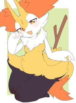 3_fingers anthro arm_tuft biped black_body black_fur blush blush_lines border breasts cheek_tuft chest_tuft dipstick_tail eyelashes facial_tuft featureless_breasts featureless_crotch female female_anthro fingers flesh_fang fluffy fluffy_tail front_view fur green_background inner_ear_fluff kneeling knock-kneed looking_at_viewer markings multicolored_body multicolored_fur narrowed_eyes nude nude_anthro nude_female object_in_tail open_:3 open_mouth open_smile orange_body orange_eyes orange_fur orange_nose orange_tail pointy_ears prick_ears shoulder_tuft simple_background small_breasts smile snout solo stick stick_in_tail tail tail_markings tuft two_tone_tail white_body white_border white_fur yellow_body yellow_fur yellow_tail yakiniku628 nintendo pokemon braixen canid generation_6_pokemon mammal pokemon_(species) 2024 digital_drawing_(artwork) digital_media_(artwork) flat_colors full-length_portrait hi_res portrait