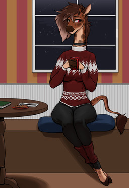 anthro barefoot beverage biped candy chocolate christmas_clothing christmas_sweater christmas_topwear clothed clothing cookie dessert feet female food furniture holidays hooves hot_chocolate inside night sitting snow solo spots sweater table tail topwear window gewitter christmas autumn_(flanders1theinu) giraffe giraffid mammal 2025 absurd_res hi_res