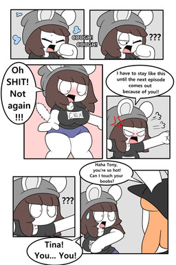 after_transformation anthro beanie black_clothing black_hat black_headwear black_shirt black_topwear blue_bottomwear blue_clothing blue_shorts blush bodily_fluids bottomwear breasts brown_hair camel_toe clothing cross-popping_vein crossgender dialogue duo eyelashes female grey_beanie grey_clothing grey_hat grey_headwear hair hat headgear headwear orange_hair profanity shirt shorts speech_bubble sweat tail text topwear tonytoran tina_(tonytoran) tony_(tonytoran) chinchilla chinchillid lagomorph leporid mammal rabbit rodent absurd_res comic english_text hi_res