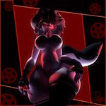 anthro big_breasts black_clothing black_gloves black_handwear black_legwear black_nipples black_thigh_highs breasts clothing collar facial_piercing female fingerless_gloves gloves glowing glowing_eyes hair hair_over_eye hand_on_leg hand_on_own_leg hand_on_own_thigh hand_on_thigh handwear legwear lip_piercing long_hair looking_at_viewer looking_down looking_down_at_viewer low-angle_view mostly_nude mostly_nude_anthro mostly_nude_female nipple_piercing nipples occult_symbol pentagram piercing red_sclera sharp_teeth skindentation solo spiked_collar spikes symbol tail teeth thick_thighs thigh_highs wide_hips darkytherabbit cryptiacurves_(modeler) helluva_boss mythology loona_(helluva_boss) canid canid_demon canine demon hellhound mammal mythological_canine mythological_creature 3d_(artwork) absurd_res digital_media_(artwork) hi_res watermark