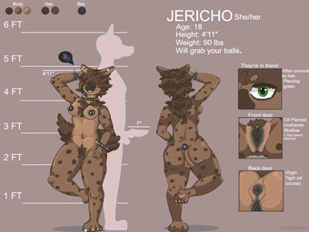 anthro anus areola bent_leg black_anus black_areola black_nipples black_vulva bracelet breasts brown_body brown_fur brown_hair butt chart chest_fur chest_tuft claws clitoris clitoris_piercing close-up collar comparing ear_piercing exposed_breasts eye_contact eyeshadow female front_and_back front_view fur genital_piercing genitals green_eyes hair hair_over_eye hair_over_eyes hair_over_face hairy_vulva hand_on_head height_chart information jewelry looking_at_another makeup male markings measurements measuring measuring_penis nipple_piercing nipples one_eye_obstructed pawpads paws penetration penis piercing pubes rear_view size_difference small_breasts smaller_female solo speech_bubble spiked_bracelet spiked_collar spikes spots spotted_body spotted_fur spread_butt spread_vulva spreading thick_thighs tuft vulva outottered22_(artist) jericho_(outottered22) hyena mammal spotted_hyena cel_shading hi_res model_sheet shaded