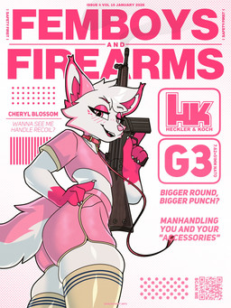 ambiguous_gender anthro biped blush blush_lines bottomwear clothing collar crop_top femboy fur gun hand_on_hip holding_gun holding_object holding_ranged_weapon holding_weapon hotpants inner_ear_fluff leash leashed_collar legwear pink_body pink_bottomwear pink_clothing pink_crop_top pink_eyelids pink_fur pink_hotpants pink_shirt pink_shorts pink_topwear qr_code ranged_weapon shirt shorts solo text thigh_highs topwear tuft weapon white_body white_fur yellow_clothing yellow_legwear yellow_thigh_highs marcus_gray femboys_and_firearms heckler_and_koch canid canine fox mammal 3:4 cover english_text hi_res magazine_cover male_(lore)