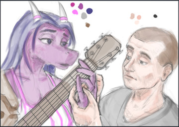 acoustic_guitar anthro breasts brown_hair clothed clothed_anthro clothed_female clothed_human clothed_male clothing duo female fingers front_view guitar hair half-closed_eyes horn horn_jewelry horn_ring human_on_anthro humanoid_hands interspecies jewelry long_hair male musical_instrument narrowed_eyes non-mammal_breasts pink_body playing_guitar playing_music plucked_string_instrument purple_hair ring_(jewelry) short_hair simple_background string_instrument white_background sebek_fereh_ra fan_character abelisaurid carnotaurus dinosaur human mammal prehistoric_species reptile saurischian scalie theropod colored hi_res sketch