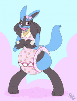 accessory ambiguous_gender anthro big_diaper black_body black_fur black_inner_ear blue_body blue_ears blue_fur blue_tail blush blush_lines bow_ribbon button_(fastener) clean_diaper clothed clothing diaper diaper_under_clothing diaper_under_onesie fur hair_accessory hair_bow hair_ribbon heart_symbol lgbt_pride logo looking_back multicolored_body multicolored_fur object_in_mouth onesie pacifier pacifier_in_mouth pink_bow pink_pacifier pride_colors ribbons snapsuit solo standing tail wearing_diaper yellow_body yellow_fur bubblepuppers nintendo pokemon bingleborf generation_4_pokemon lucario pokemon_(species) artist_logo hi_res