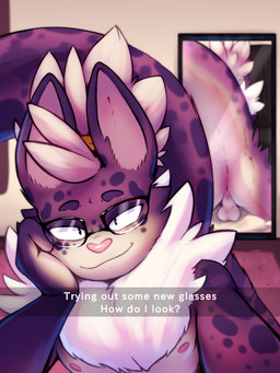 accessory anthro anus backsack balls chest_tuft eyeshadow eyewear fur genitals glasses hair hair_accessory hair_tie leopard_spots looking_at_viewer lying makeup male mirror mirror_selfie on_front pillow pink_hair purple_body purple_fur raised_tail selfie smile solo spots tail tan_body tan_fur text tuft white_body white_fur white_hair cha0sapien shuffle_(cha0sapien) felid mammal pantherine snow_leopard 3:4 absurd_res hi_res