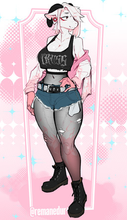 anthro belt boots bottomwear breasts bridge_piercing clothed clothing crop_top curled_horn denim denim_bottomwear denim_clothing denim_shorts ear_piercing facial_piercing female footwear gauged_ear hair horn leggings legwear nose_piercing piercing red_eyes shirt shoes shorts simple_background solo studded_belt studs thick_thighs topwear white_body wide_hips conditional_dnp remanedur mythology government_(remanedur) dragon goat_dragon mythological_creature mythological_scalie scalie digital_media_(artwork)