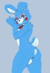 anthro backsack balls blue_body blue_fur blush butt femboy fur genitals looking_at_viewer male nude simple_background solo tail thick_thighs kaelba five_nights_at_freddy's five_nights_at_freddy's_2 scottgames toy_bonnie_(fnaf) lagomorph leporid mammal rabbit 2025 digital_media_(artwork) hi_res