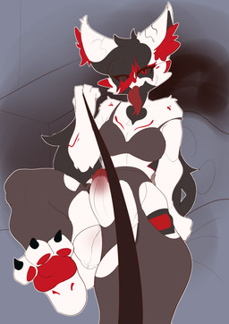 anthro balls black_sclera butt clothing dominant dominant_gynomorph dominant_intersex erection fur genitals gynomorph heart_symbol inner_ear_fluff intersex leash leash_pull leashed_viewer lingerie looking_at_viewer paws penis red_body red_eyes red_fur solo tuft white_body white_fur hikariuart bernadette_selka bat flying_fox mammal megabat absurd_res hi_res trans_(lore) trans_woman_(lore)