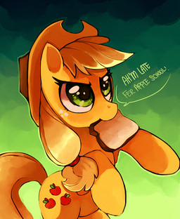 blonde_hair bread clothing cowboy_hat cutie_mark female feral food freckles green_eyes hair hat headgear headwear mouth_hold solo tail kohtek friendship_is_magic hasbro my_little_pony applejack_(mlp) earth_pony equid equine horse mammal pony