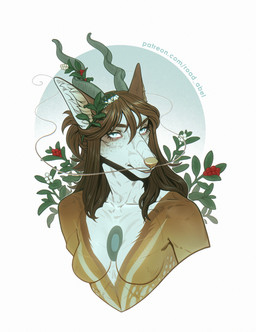 accessory anthro berry biped blue_eyes breasts brown_body brown_fur brown_hair female flower flower_in_hair fluffy_ears food freckled_face freckles fruit fur hair hair_accessory horn markings plant simple_background solo spots spotted_body spotted_fur whiskers white_neck yellow_nose road~abelgeym mythology canid canine dragon hybrid mammal mythological_creature mythological_scalie scalie absurd_res digital_media_(artwork) half-length_portrait hi_res portrait