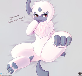 3_toes ambiguous_gender bed bedding bedding_background blush claw_toes claws cute_fangs fangs featureless_crotch feet feral front_view fur furniture hindpaw lying lying_on_bed master neck_tuft on_back on_bed pawpads paws presenting raised_foot solo spread_legs spreading teeth text toes tuft white_body white_fur senz nintendo pokemon absol generation_3_pokemon pokemon_(species) absurd_res hi_res url