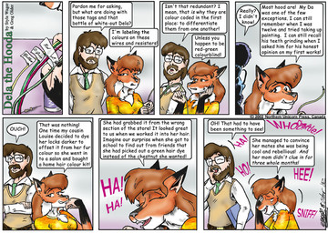 anthro bodily_fluids breasts clothed clothed_female clothed_male clothing dialogue duo eyes_closed female fur gloves_(marking) laugh male markings tears text topwear vest wire style_wager dela_the_hooda dela_aldershaw frank_dunn canid canine fox hooda human mammal 2002 comic english_text