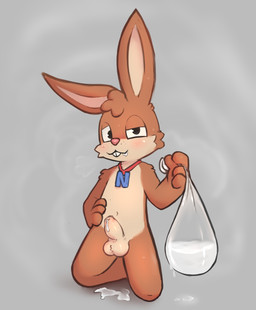 anthro balloon balls biped bodily_fluids brown_body brown_fur buckteeth collar collar_only countershading cum cum_in_balloon cum_in_mouth cum_inside erection foreskin fur genital_fluids genitals grey_background holding_balloon humanoid_genitalia humanoid_penis inflatable kneeling looking_at_viewer male mascot musk nude penis simple_background sitting solo sweat teeth unretracted_foreskin badipoki nesquik nesquik_bunny lagomorph leporid mammal rabbit absurd_res hi_res