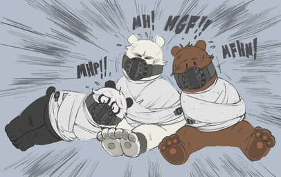 anthro bdsm bodily_fluids bondage bound feet gag gagged group kidnapping male muffled muzzle_(object) muzzled plantigrade restraints simple_background soles straitjacket struggling sweat vowelless vowelless_vocalization worried bondagefanart cartoon_network we_bare_bears grizzly_(we_bare_bears) ice_bear_(we_bare_bears) panda_(we_bare_bears) bear brown_bear giant_panda grizzly_bear mammal polar_bear ursine