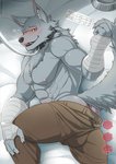 abs anthro anus barazoku barely_visible_anus biped blush bowl clothed clothing collar container flower fur grey_body grey_fur heart_symbol male muscular muscular_anthro muscular_male nipples open_mouth open_smile pecs pet_bowl plant smile solo topless yellow_eyes mumu202 kemono_michi:_rise_up wolfgang_von_kraftman canid canine canis mammal wolf 2019 digital_media_(artwork)