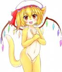 alternate_species anthro anthrofied blush bonnet clothing female flat_chested fur furrification headgear headwear kemono loli mobcap navel nude open_mouth simple_background solo standing white_background wings yellow_body yellow_fur young young_anthro mcsadat touhou flandre_scarlet domestic_cat felid feline felis mammal