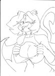 anthro big_breasts bodily_fluids breasts cleavage_cutout clothed clothing cutout domestic_cat felid feline felis female hi_res hybrid mammal membrane_(anatomy) monochrome navel saliva solo spade_tail superbunnygt tail tongue tongue_out torn_clothing