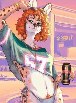 anthro beverage bikini black_spots blue_eyes bracelet braided_hair breasts clothed clothing colored_nails crop_top ear_piercing eyewear eyewear_on_head female fur green_clothing green_crop_top green_shirt green_topwear hair holding_beverage holding_object industrial_piercing jewelry markings midriff nails orange_hair pendant piercing pube_peek pubes ring_(jewelry) shirt slim solo spots spotted_body spotted_fur standing sunglasses sunglasses_on_head swimwear tan_body tan_fur topwear two-piece_swimsuit wearing_sunglasses whiskers white_bikini white_body white_clothing white_fur white_swimwear pimstacja grand_theft_auto_vi gta_vi_cover_girl pistacja felid feline mammal serval colored digital_media_(artwork) half-length_portrait hi_res portrait shaded