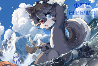 4_toes ambiguous_anthro ambiguous_gender anthro bath bathing biped black_nose black_pawpads blue_body blue_eyes blue_fur blue_tail braided_hair butt cheek_tuft chest_tuft claws cloud day duo eyebrows facial_tuft fangs feet finger_claws fingers fluffy fluffy_tail fur glistening glistening_eyes grey_body grey_fur grey_tail hair heterochromia hindpaw holding_object looking_at_viewer looking_back looking_back_at_viewer mountain multicolored_body multicolored_fur multicolored_tail nude nude_ambiguous nude_anthro open_mouth outside partially_submerged pawpads paws red_eyes sitting sky soap soap_bubbles solo_focus suds tail teeth toe_claws toes tuft two_tone_body two_tone_fur water wet wet_body wet_fur white_body white_eyebrows white_fur white_tail yellow_body yellow_fur yellow_tail young young_ambiguous young_anthro xiao_langao canid canine canis mammal wolf 2026 dated digital_media_(artwork) hi_res