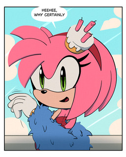 accessory anthro cake dessert dialogue female food green_eyes headband pink_body rear_view solo speech_bubble stole_(clothing) awkward2eleven sega sonic_the_hedgehog_(series) amy_rose eulipotyphlan hedgehog mammal absurd_res comic hi_res
