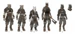 ambiguous_gender anthro armor axe battle_axe black_body black_fur black_nose bracers brown_body brown_fur clothing digitigrade fur greaves group headgear helmet lineup melee_weapon studs weapon white_body white_fur steve_hong overgrowth canid canine canis domestic_dog mammal hi_res