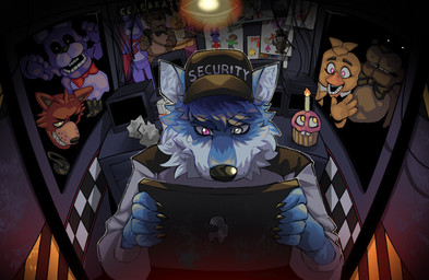 anthro being_watched biped blue_body buckteeth clothed clothing computer_monitor drawing_(object) fisheye_lens food fully_clothed group hat headgear headwear heterochromia high-angle_view inside looking_at_another male oblivious teeth window nudziarz five_nights_at_freddy's scottgames bonnie_(fnaf) chica_(fnaf) cupcake_(fnaf) foxy_(fnaf) freddy_(fnaf) bear canid canine food_creature fox mammal absurd_res digital_media_(artwork) hi_res