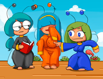 accessory antennae_(anatomy) barefoot big_breasts black_eyes blue_eyes blue_hair blue_sky blue_wings blush book breasts closed_smile clothing cloud embarrassed eyebrow_through_hair eyebrows eyewear feet female glasses green_body green_eyebrows green_hair green_skin hair hair_over_eyes headband insect_wings light_body light_skin long_hair long_tongue mouth_closed narrowed_eyes nipple_outline outside poking ponytail reading reading_book red_tongue robe round_glasses sky small_waist smile thick_eyebrows thick_thighs tied_hair tight_clothing tongue touching_breast translucent translucent_hair unimpressed wings anonymous_artist poke_all_toads amphibian blue_fairy_(poke_all_toads) brave_fairy_(poke_all_toads) busy_fairy_(poke_all_toads) fairy frog green_toad_(poke_all_toads) humanoid toad_(frog)
