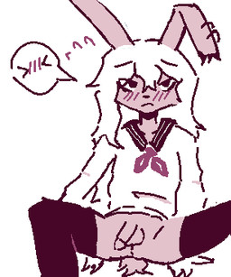 anthro anus asian_clothing blush bodily_fluids brown_body brown_fur clothing east_asian_clothing eye_bags femboy flaccid fur genitals hair imminent_sex japanese_clothing japanese_school_uniform kaomoji kemono legwear long_hair male penis piercing school_uniform serafuku solo speech_bubble sweat sweatdrop thigh_highs uniform white_hair charawingd lagomorph leporid mammal rabbit low_res monochrome