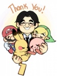 black_hair blonde_hair blush bodily_fluids clothed clothing eyes_closed eyewear fur glasses gloves group hair handwear hat headgear headwear male necktie overalls short_hair simple_background smile suit tears text text_on_clothing text_on_hat text_on_headwear yellow_body yellow_fur cloudy-dormir kirby_(series) mario_bros nintendo pokemon real_world the_legend_of_zelda wind_waker kirby mario satoru_iwata toon_link alien generation_1_pokemon human mammal pikachu pokemon_(species) rodent waddling_head crossover english_text in_memoriam