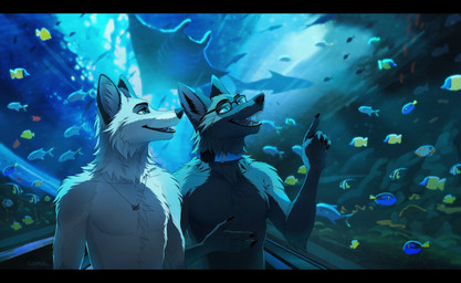 anthro black_bars black_body black_fur claws collar dipstick_ears duo_focus ear_markings eyewear fur gesture glasses grey_body grey_fur group hand_gesture male multicolored_body multicolored_ears nude open_mouth pointing smile teeth tongue two_tone_body underwater water white_body white_fur suzamuri rayting shu_(shuthegreyfox) aquatic canid canine fish mammal 2022 digital_media_(artwork) hi_res letterbox