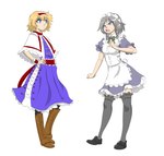 2015 alice_margatroid angry blonde_hair blue_eyes breasts clothed clothing comic dress duo female footwear grey_hair hair human human_only maid_uniform mammal not_furry open_mouth ribbons sakuya_izayoi shoes simple_background standing thatweirdguyjosh touhou uniform white_background