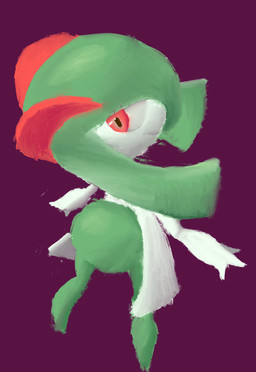 ambiguous_gender arched_back butt green_body green_skin looking_back pigeon_toed red_eyes smile solo standing polyvandalism nintendo pokemon generation_3_pokemon humanoid kirlia pokemon_(species) absurd_res hi_res painting_(artwork)