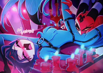 4_eyes 4_fingers alternate_color animal_genitalia anthro beak between_legs black_beak blue_body blue_feathers blue_fire blush blush_lines bodily_fluids candelabra candle canon_couple chair chest_tuft choker cloaca cloaca_juice cloacal cloacalingus colored_fire desk dialogue duo eyebrows eyelashes eyes_closed eyeshadow facial_markings feather_hair feather_tuft feathers fingers fire fluffy fluffy_chest forehead_markings furniture genital_fluids genitals hair half-closed_eyes hand_on_leg harness harness_only head_markings heart_(marking) horn humanoid_on_anthro inside jewelry licking lights lit_candle long_tail lying makeup male male/male markings moan moaning_name mostly_nude multi_eye multicolored_body narrowed_eyes necklace no_pupils nude office office_chair office_sex on_back on_desk open_mouth oral oral_only pseudo_hair pupils red_body red_eyes red_sclera saliva saliva_on_cloaca saliva_on_tongue sex sharp_teeth short_hair size_difference slit_pupils spread_legs spreading straps striped_horn stripes table tail tail_feathers teeth text tongue tuft white_body yellow_sclera zero_lawliet hellaverse helluva_boss blitzo_(helluva_boss) stolas_(helluva_boss) avian bird demon demon_humanoid horned_humanoid humanoid imp owl owl_demon english_text hi_res