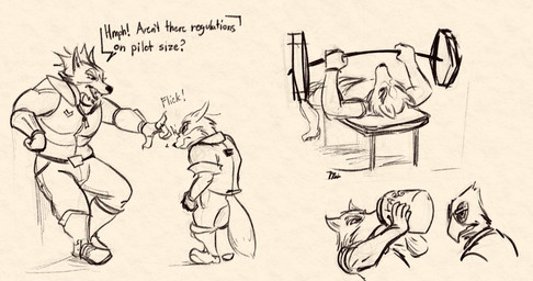 anthro athletic athletic_anthro athletic_male beak belt boots bottomwear bullying clothing dialogue exercise feathers footwear fur furry_tail group jacket leaning_against_wall male pants protein_shake shoes short size_difference speech_bubble tail tall text topwear vest weightlifting weights workout jaumsche nintendo star_fox falco_lombardi fox_mccloud wolf_o'donnell avian bird canid canine canis fox mammal wolf 2022 comic english_text sketch