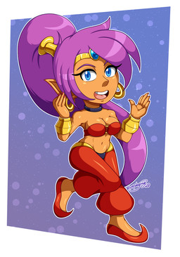 blue_eyes breasts brown_body brown_skin chibi cleavage clothed clothing ear_piercing ear_ring female footwear hair humanoid_pointy_ears long_hair not_furry piercing pointy_ears ponytail purple_hair ring_piercing shoes simple_background solo mrdeepay shantae_(series) wayforward shantae genie humanoid 2020 hi_res signature