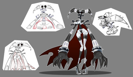big_breasts big_hands black_sclera bracelet breasts cape cleavage clothed clothing collar cross_pupils eyelashes female footwear front_view grey_background grey_body high_heels jewelry red_eyes shoes simple_background small_waist solo spiked_bracelet spiked_collar spikes thick_thighs wide_hips blightedhelix humanoid monster hi_res