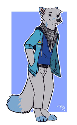 anthro belt blue_body blue_clothing blue_fur bottomwear clothed clothing fluffy fluffy_tail fur hand_in_pocket jacket male pants pockets scarf shirt simple_background smile solo tail topwear whiskers white_body white_fur letodoesart leto_(letodoesart) arctic_fox canid canine fox mammal true_fox full-length_portrait hi_res portrait